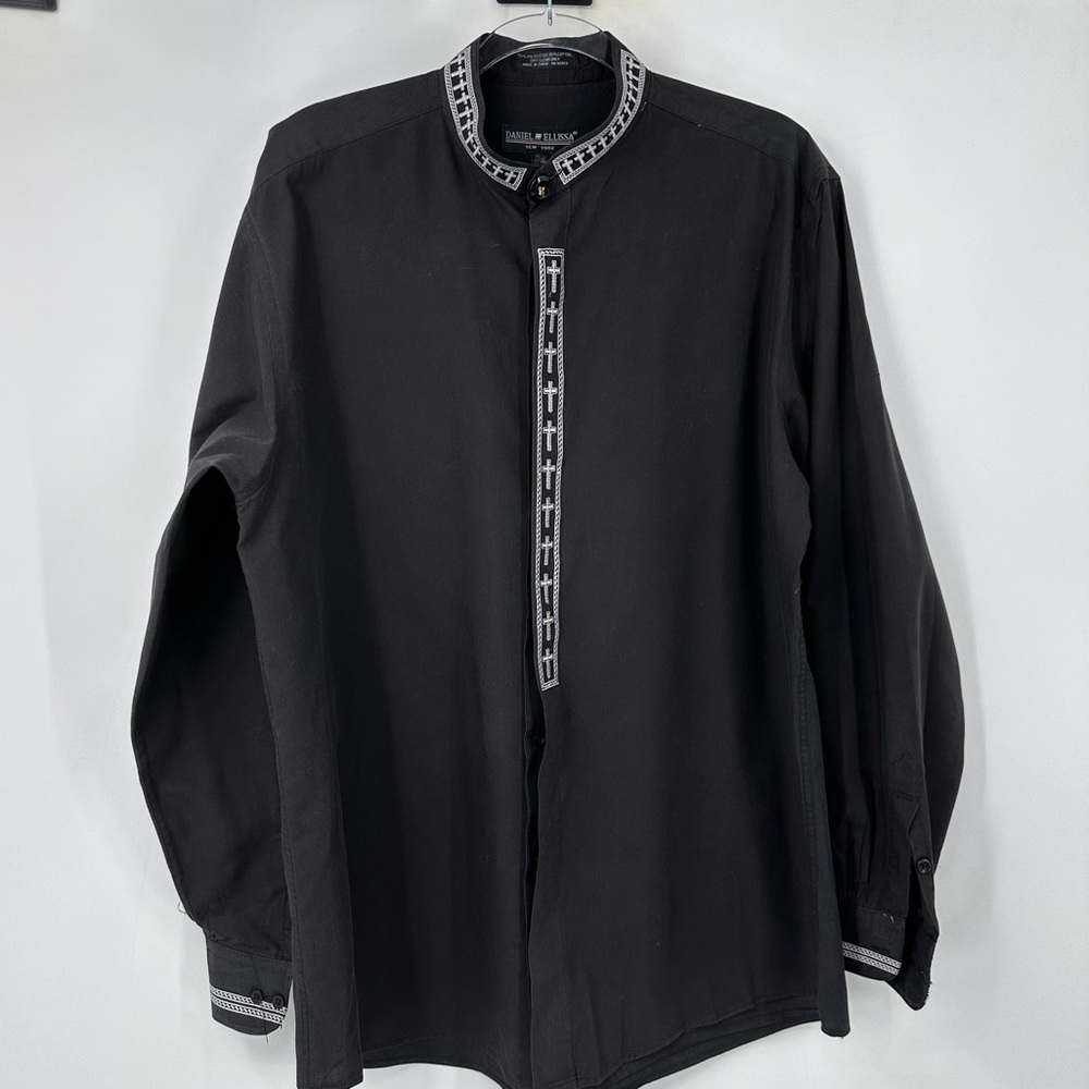 Daniel Ellissa Black Button Down Shirt White Crosses 16 1/2 36 37